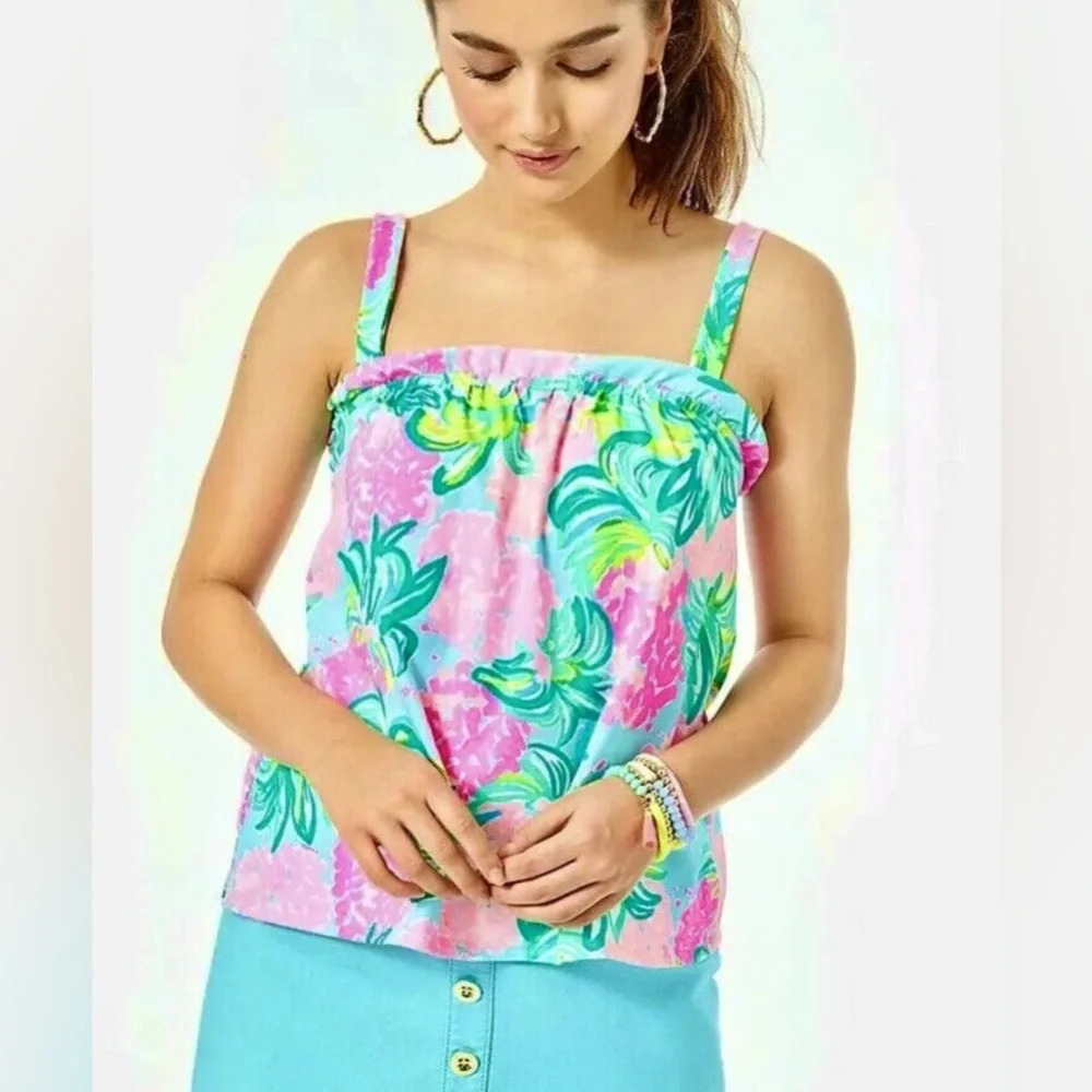 NEW Lilly Pulitzer Jia Tank Top Sz Pineapple Shake Blue Ibiza Floral Ruffle - Picture 4 of 11